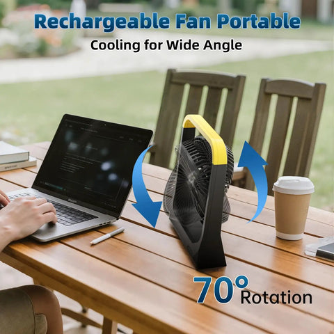 20800mAh Battery Powered 8 Inch Portable Fan With USB C Fast Recharge on outdoor table next to laptop and coffee cup
