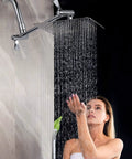 Woman enjoying 12 Inch Rain Shower Head With 11 Inch Adjustable Extension Arm Large Square Shower Head In 304 Stainless Steel Chrome Finish