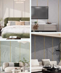 Peel And Stick Wallpaper 3D Textured Contact Paper Self Adhesive Aluminum Foil Backing in living and bedroom settings with smooth overlays.