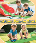 Children playing with Awesome Flexible Race Track For Kids 3 Plus 15 Foot Roll Up Car Track With Strong Suction Cups outdoors.