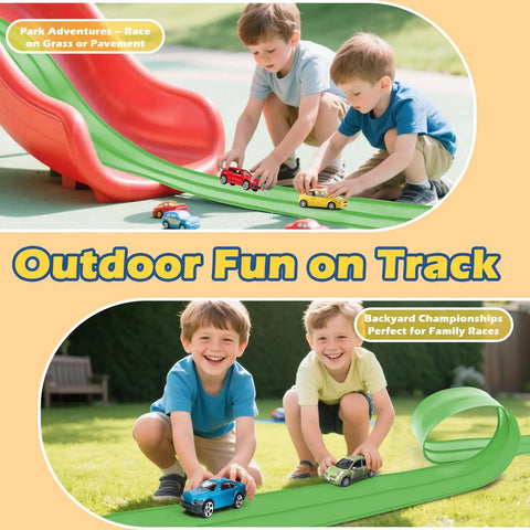 Children playing with Awesome Flexible Race Track For Kids 3 Plus 15 Foot Roll Up Car Track With Strong Suction Cups outdoors.