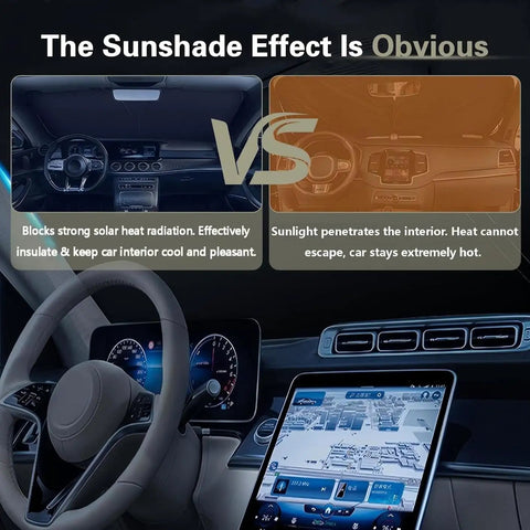 Comparison of car interiors with and without the Premium Foldable Front Windshield Sunshade For Tesla Cybertruck And Cyberbeast.