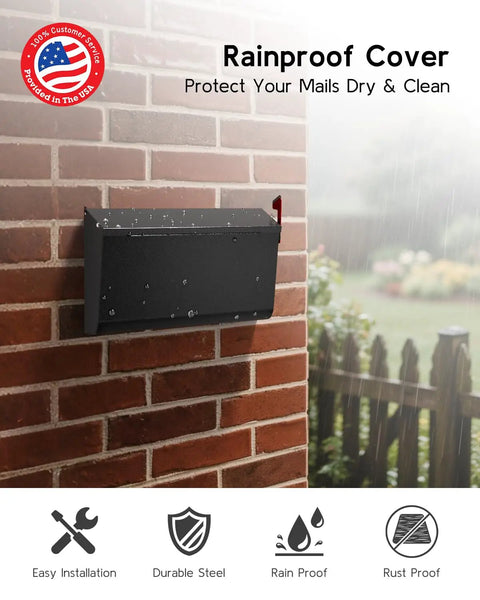 Heavy Duty Wall Mount Mailbox With Flag For Outdoor Use, galvanized steel weatherproof rustproof post box, black, on brick wall