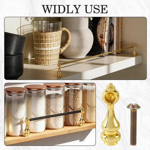 Heavy Duty Kirsite Shelf Brackets For Home Decor with golden finish securing shelves with glass jars and woven pitcher