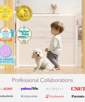 Child and dog by Retractable Baby Gate Mesh Barrier for Doorways and Stairs, 33-Inch Tall, Expands to 55-Inch Wide, indoor gate.