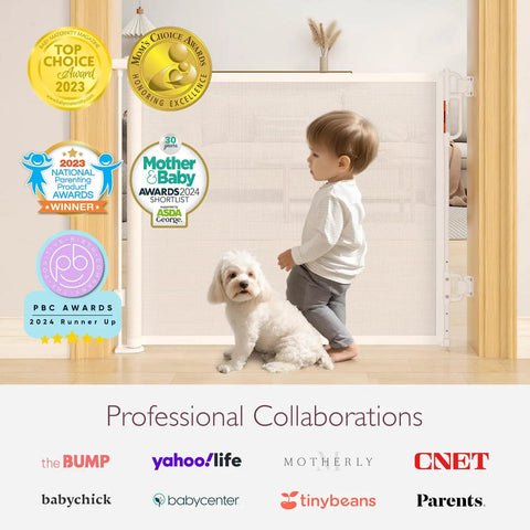 Child and dog by Retractable Baby Gate Mesh Barrier for Doorways and Stairs, 33-Inch Tall, Expands to 55-Inch Wide, indoor gate.