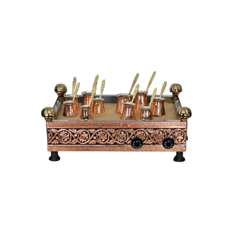 Turkish Copper Electric Hot Sand Coffee Maker Heater For Home Use 110V 220V Ready with 10 pots, ornate copper design.