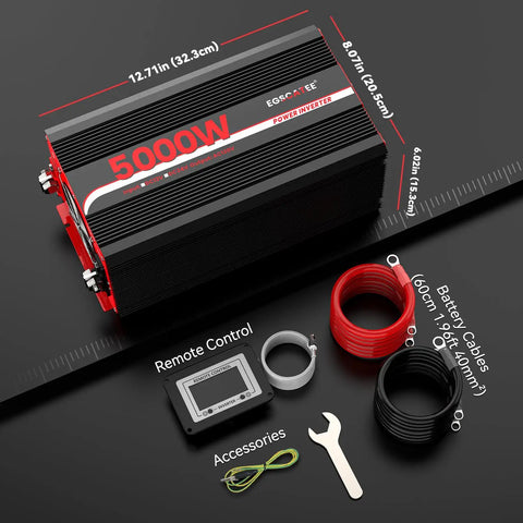 Heavy Duty 5000W Power Inverter 12V Dc To 120V Ac Converter For Rv And Truck showing power inverter, remote control, and battery cables.