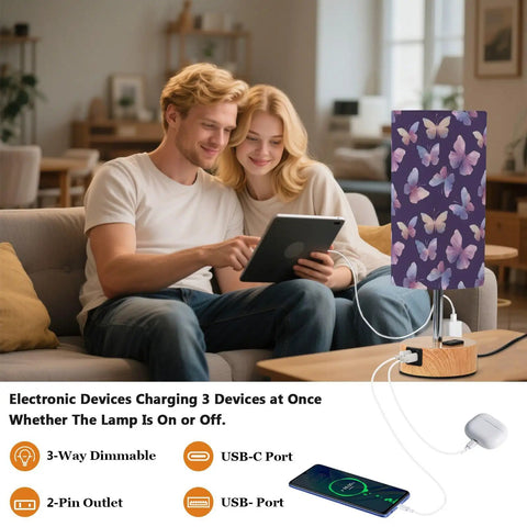 Watercolor Butterfly Decor Bedside Lamp With 3 Way Dimmer And Touch Control Charging Station in living room setting.