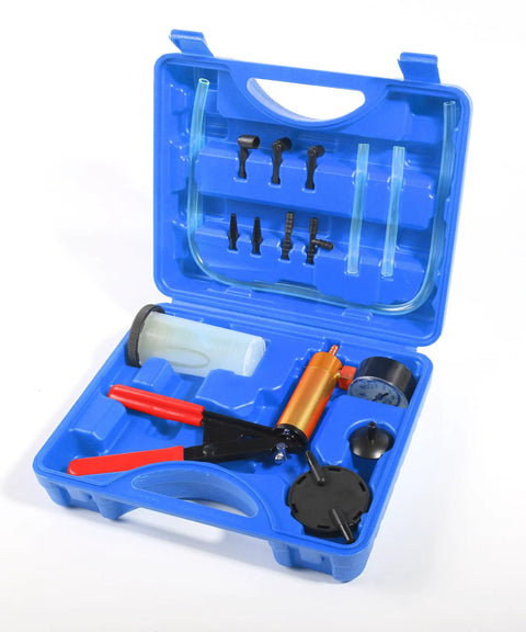 Universal Brake Bleeder Kit With Handheld Vacuum Pump And Full Adapter Tray Shop Approved Tool in blue case with tools and hoses.