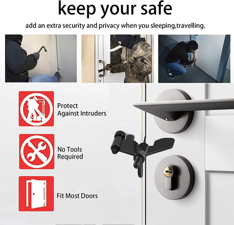 Heavy Duty Adjustable Portable Door Lock For Home, Hotel, Airbnb And Dorm, Lightweight On The Go Security product in use on door