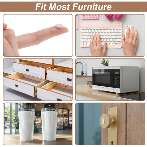 Heavy Duty Peel And Stick Felt Pads 320 Count 0.4 Inch Beige Cabinet Bumpers For Furniture Drawers Vases And Walls Tough As Nails Noise Blocking Non Slip Glide Protectors on a finger and applications in furniture.