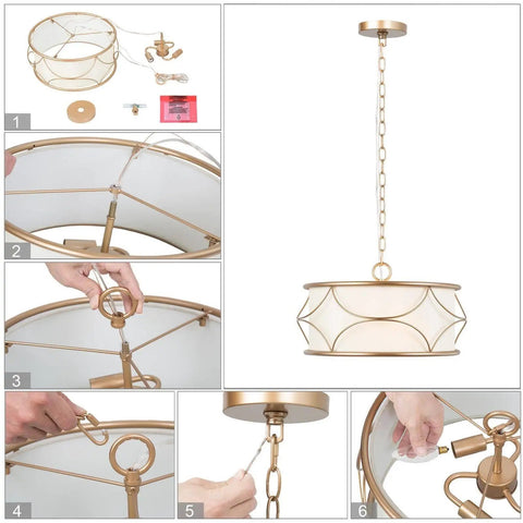 Assembly and installation of Gold Drum Pendant Chandelier Light Fixture With White Fabric Shade, 4 Light Modern Chandelier shown.