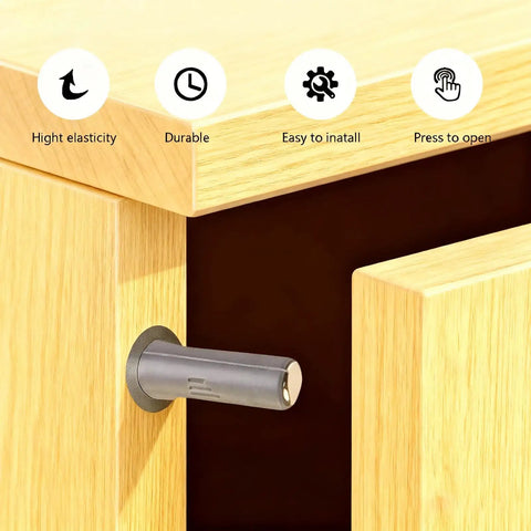 10 Pack Magnetic Push Latches For Cabinet Doors And Drawers Featuring Quiet Soft Close Action In Matte Gray Tone With Heavy Duty Spring Plunger Mechanism Working Like A Charm Daily mounted on cupboard edge.