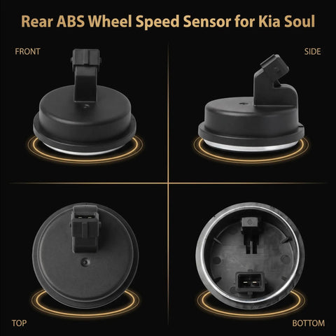Rear ABS Wheel Speed Sensor for Kia Soul showing front, side, top, and bottom views in black with connector.