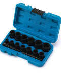 Open blue case with 13 Piece Impact Bolt And Nut Remover Set With Hex Adapters For Stubborn Bolts Nut Extractor Socket Kit Metric And SAE Sizes One Quarter To Five Eighths Inch Heavy Duty Diy Tool For Cars And Trucks, showing various socket sizes made of chrome molybdenum steel.