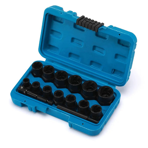 Open blue case with 13 Piece Impact Bolt And Nut Remover Set With Hex Adapters For Stubborn Bolts Nut Extractor Socket Kit Metric And SAE Sizes One Quarter To Five Eighths Inch Heavy Duty Diy Tool For Cars And Trucks, showing various socket sizes made of chrome molybdenum steel.