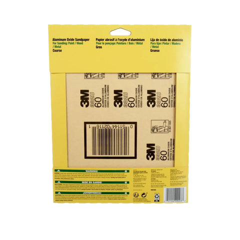 Back packaging of Coarse Aluminum Oxide Sandpaper 60 Grit 4 Sheets 9 By 11 Inches For Paint Wood And Metal General Purpose Sanding Durable Long Lasting For Hand Block Or Power Sander Perfect Prep And Finish 9003NA-20
