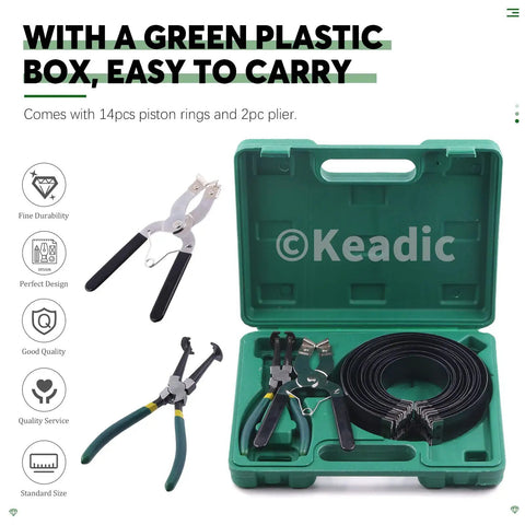 16 Piece Pro Grade Piston Ring Compressor Tool Set with pliers, ring spreader, and 14 band ratchet in blow mold case