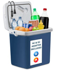 Portable Electric Cooler And Warmer With Rugged Carry Handle, Thermoelectric Camp Fridge filled with drinks and food items.