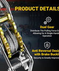 Beefy 2 Ton Come Along Winch For Vehicle Recovery And Outdoor Tough Jobs, Rugged Hand Winch With 4,400 Lbs Pulling Power, Built For Trucks, Trailers, Farm Work, Fence Stretching, Log And Tree Removal, dual gear detail