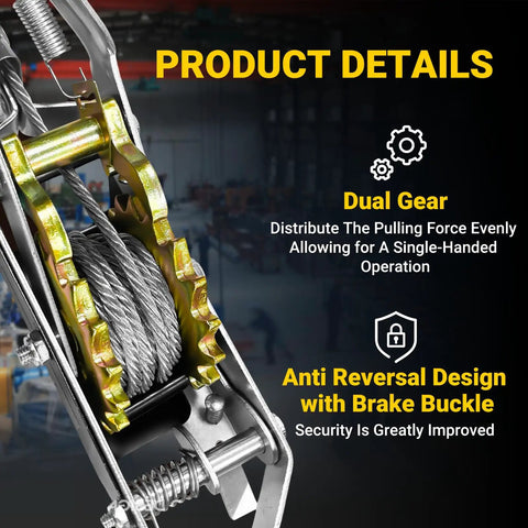 Beefy 2 Ton Come Along Winch For Vehicle Recovery And Outdoor Tough Jobs, Rugged Hand Winch With 4,400 Lbs Pulling Power, Built For Trucks, Trailers, Farm Work, Fence Stretching, Log And Tree Removal, dual gear detail