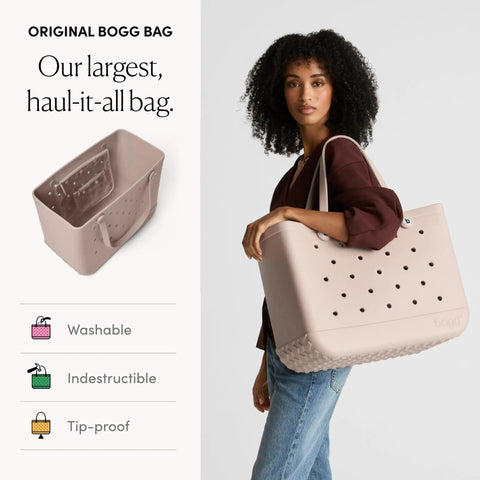 Original Large Tote Bag That Is Durable, Washable, And Tip-Proof For Beach, Pool, Boat, Work, And Sports, Mushroom Color carried by model
