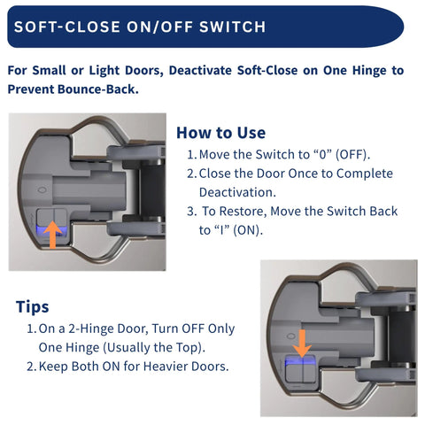 Image showing Heavy Duty Soft Close Cabinet Hinges 30 Pack Face Frame half inch switch for deactivating soft close feature.