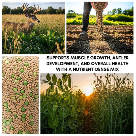 Pea and Oat Cover Crop Mix For Deer Go To Food Plots Non GMO Annual Nitrogen Fixer Builds Soil Health - deers in field, seeds, planting