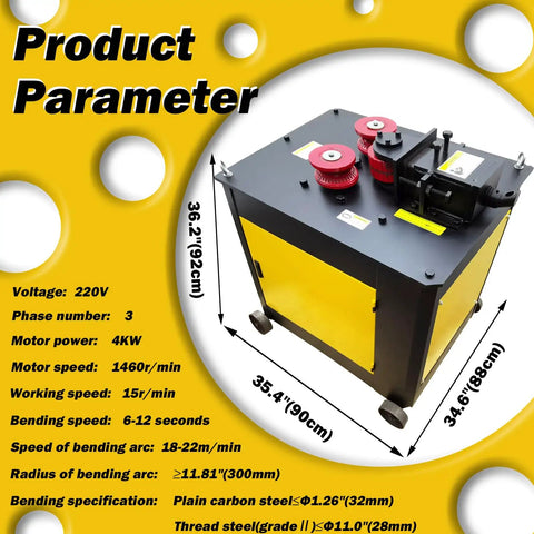 Product parameter image of Industrial Rebar Circle Bending Machine Automatic Steel Bar Coiler 4KW Electric Bender with specifications.