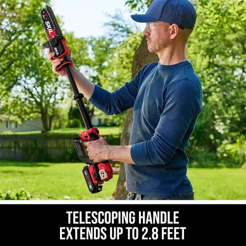 Man using Cordless Brushless 20V 6-Inch Telescoping Chainsaw Kit with telescoping handle extending to 2.8 feet in yard.