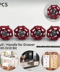 4 Pack Vintage Iron Valve Cabinet Knobs And Pulls With Drill Bit, red metal handles for cabinets and drawers, industrial style, with drill bit