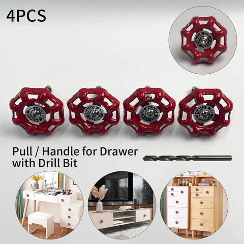4 Pack Vintage Iron Valve Cabinet Knobs And Pulls With Drill Bit, red metal handles for cabinets and drawers, industrial style, with drill bit
