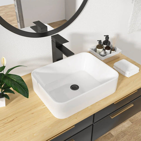 Rectangular White Vessel Sink 19x15 Inches For Above Counter Vanity, Modern Porcelain Ceramic Bathroom Basin on wooden vanity