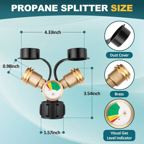 Propane Splitter 2 Way With Gauge And Shut Off Valve For Camping Stoves Heaters Grills And More Y Splitter Adapter With Measurements