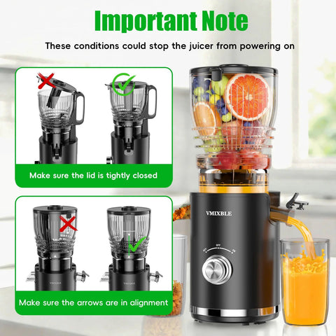VMIXBLE juicer machine with black base and clear juice jug filled with oranges and grapes, front view