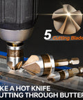 Durable M2 Cobalt HSS Countersink Drill Bit Set, 6 Pieces, One Quarter Inch Quick Change Hex Shank, showcasing cutting blades.