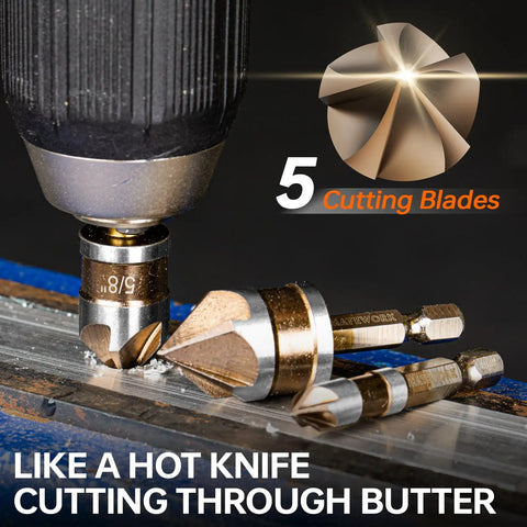 Durable M2 Cobalt HSS Countersink Drill Bit Set, 6 Pieces, One Quarter Inch Quick Change Hex Shank, showcasing cutting blades.