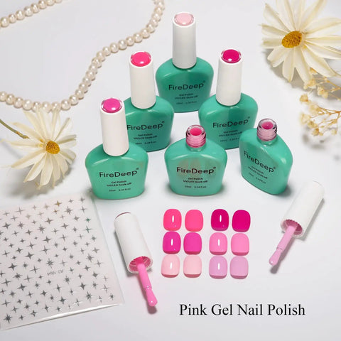 Hema Free Pink Gel Nail Polish Set With 6 Colors 10ml Each Soak Off Gel Polish Kit For DIY, shown with pearl accessory and flower