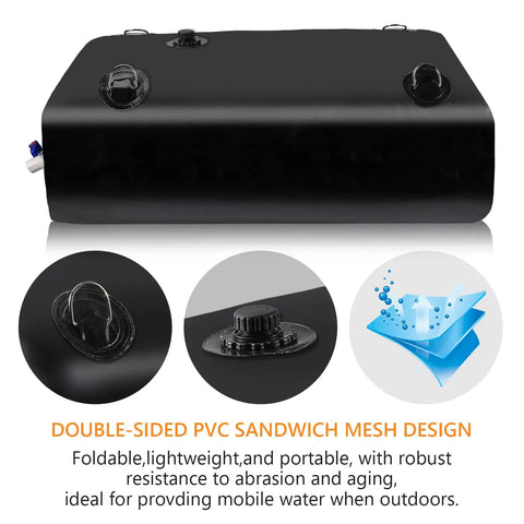 65 Gallon Foldable Water Storage Bladder with spigot and overflow kit, showing PVC design and fittings for outdoor use