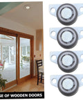 Heavy Duty 4 Pack Adjustable Sliding Door Roller Wheels Built Tough For Heavy Wooden Doors And Barn Hardware No Fuss Whisper Quiet Bearings Easy Closet Swap, featuring rollers next to wooden sliding doors.