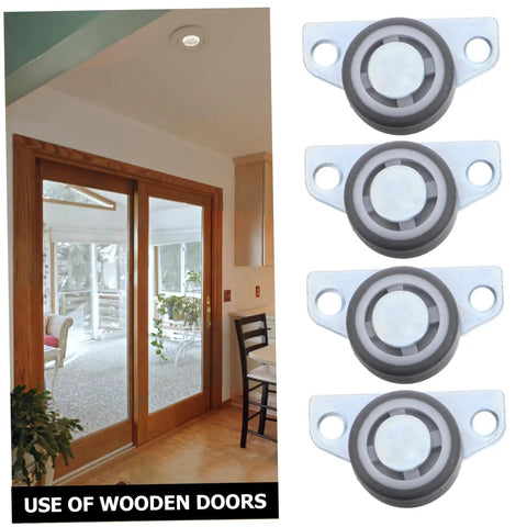 Heavy Duty 4 Pack Adjustable Sliding Door Roller Wheels Built Tough For Heavy Wooden Doors And Barn Hardware No Fuss Whisper Quiet Bearings Easy Closet Swap, featuring rollers next to wooden sliding doors.