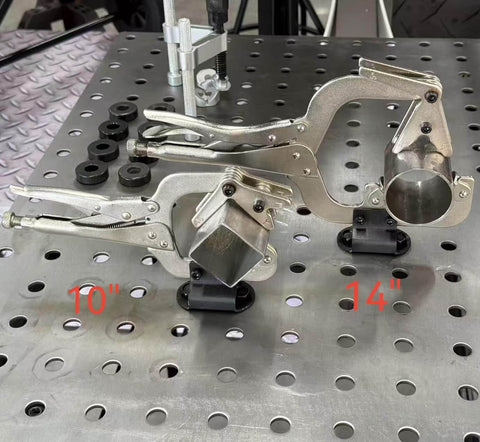 Two sizes of the Beefy 10 Inch Locking Welding Clamp With Swivel V Type Pads And Installing Support For Table Mount on metal surface.