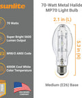 Protected 70-Watt Metal Halide Bulb With Medium Base For Outdoor And Commercial Lighting, clear glass shown in packaging.