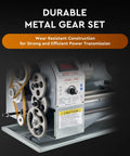 CREWORKS 9 X 30 Mini Metal Lathe Machine With LCD Display featuring durable metal gear set for efficient power transmission.