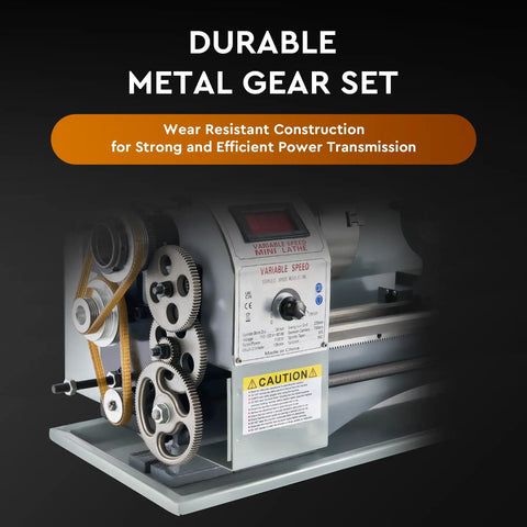 CREWORKS 9 X 30 Mini Metal Lathe Machine With LCD Display featuring durable metal gear set for efficient power transmission.