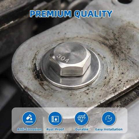 Top Shelf 3/8 X 6 Inch Hex Head Bolts With Matching Hex Nuts And Thick Flat Lock Washers 18-8 Stainless Steel 304 fully threaded bolt installed on a metal surface.