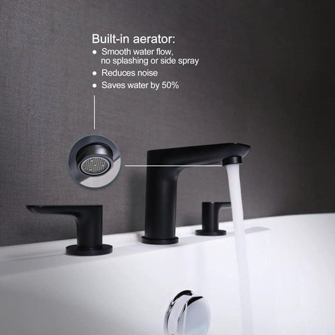 Matte Black 3 Hole Deck Mount Tub Faucet Set With Two Handles High Flow Brass Bath Filler Valve showing aerator