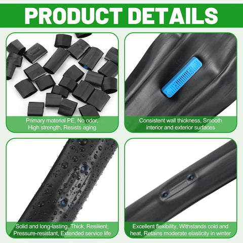 Details of 1000 Ft Drip Tape Irrigation Kit With 5/8 Inch Tubing 16 Mil Thickness showing material and components.