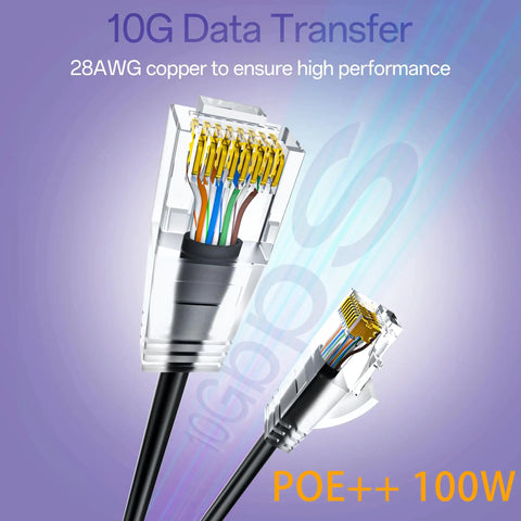 Ultra Slim Cat6a Patch Cables 1Ft Pack Of 10, Pure Copper 28AWG Ethernet Cables showing cable ends with connectors